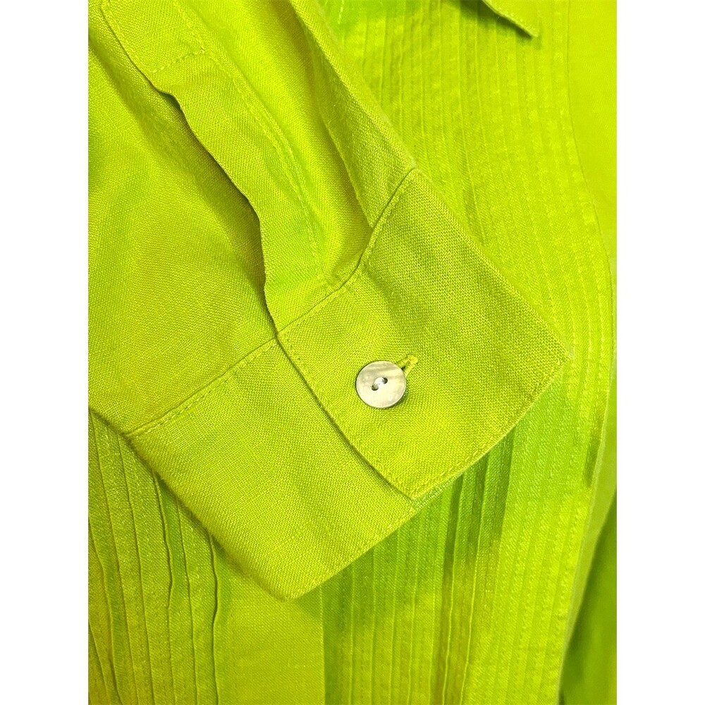 100% Linen Pintuck Pleated Top Green Workwear Vacation Lightweight Breathable - Picture 6 of 9